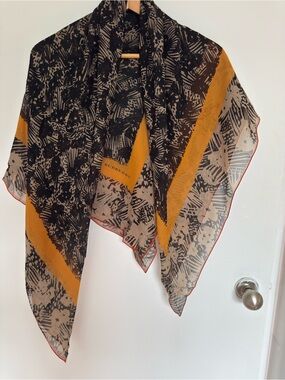 Authentic Burberry Black, Mustard & Beige Abstract Silk Scarf